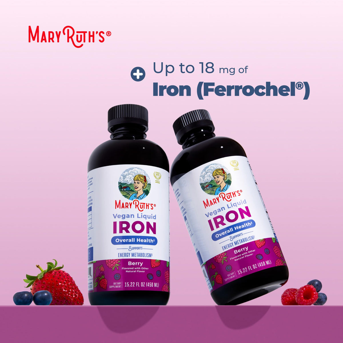 Bouteille de MARYRUTH'S Fer Liquide avec fruits en arrière-plan