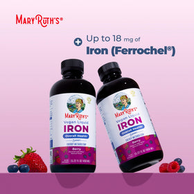 Bouteille de MARYRUTH'S Fer Liquide avec fruits en arrière-plan