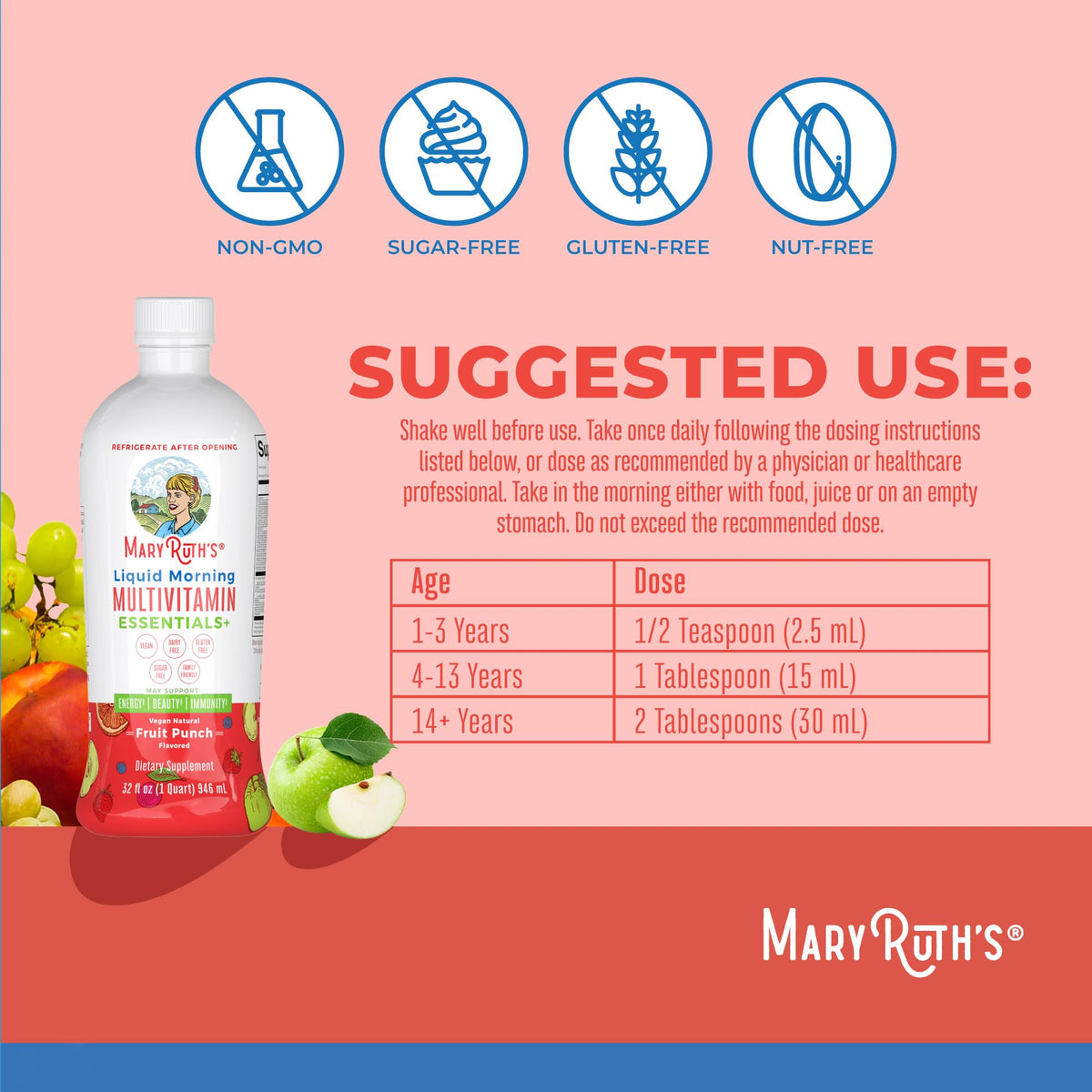 Bouteille de MARYRUTH'S Multivitamine Liquide Matinal saveur Fraise
