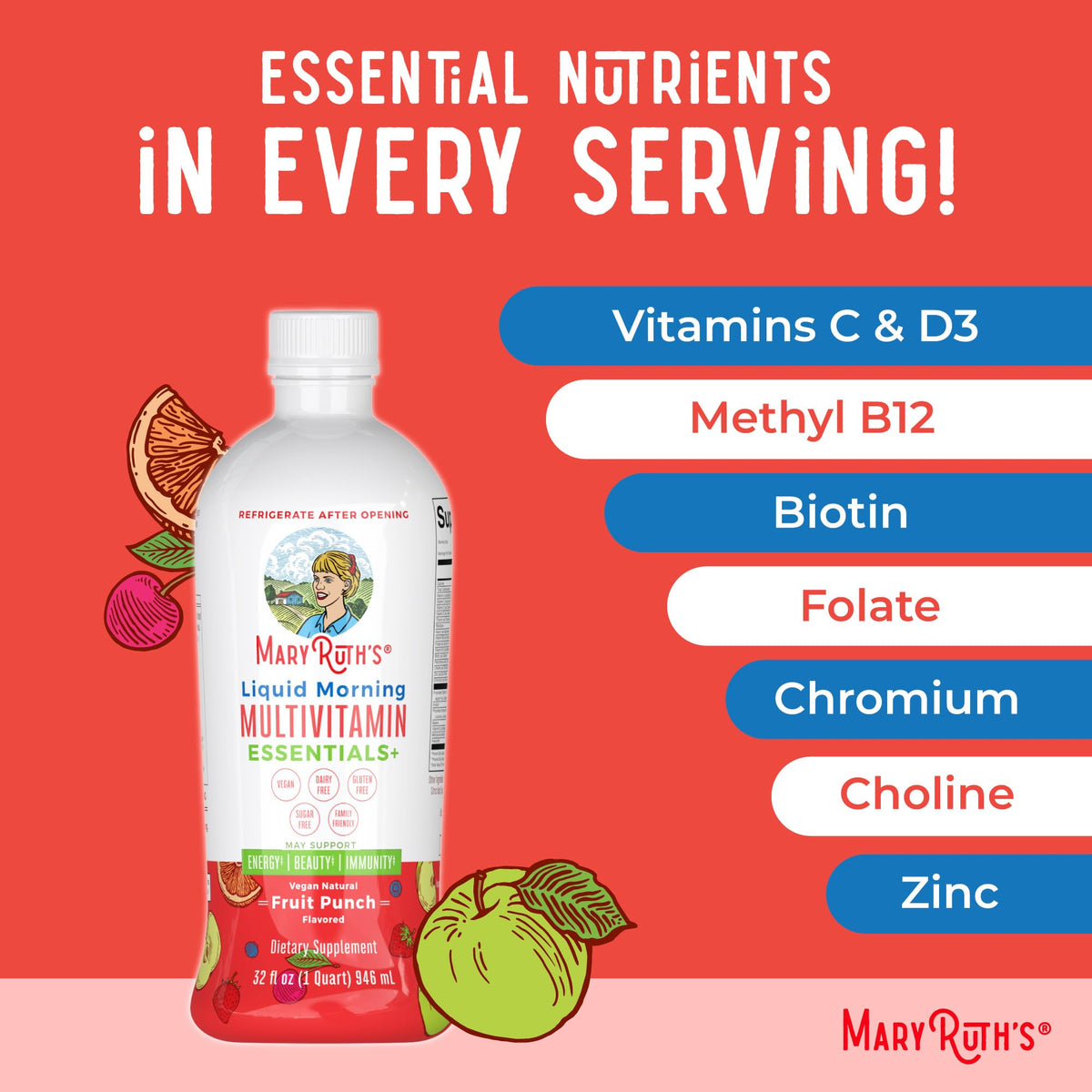 Bouteille de MARYRUTH'S Multivitamine Liquide Matinal sur une table en bois