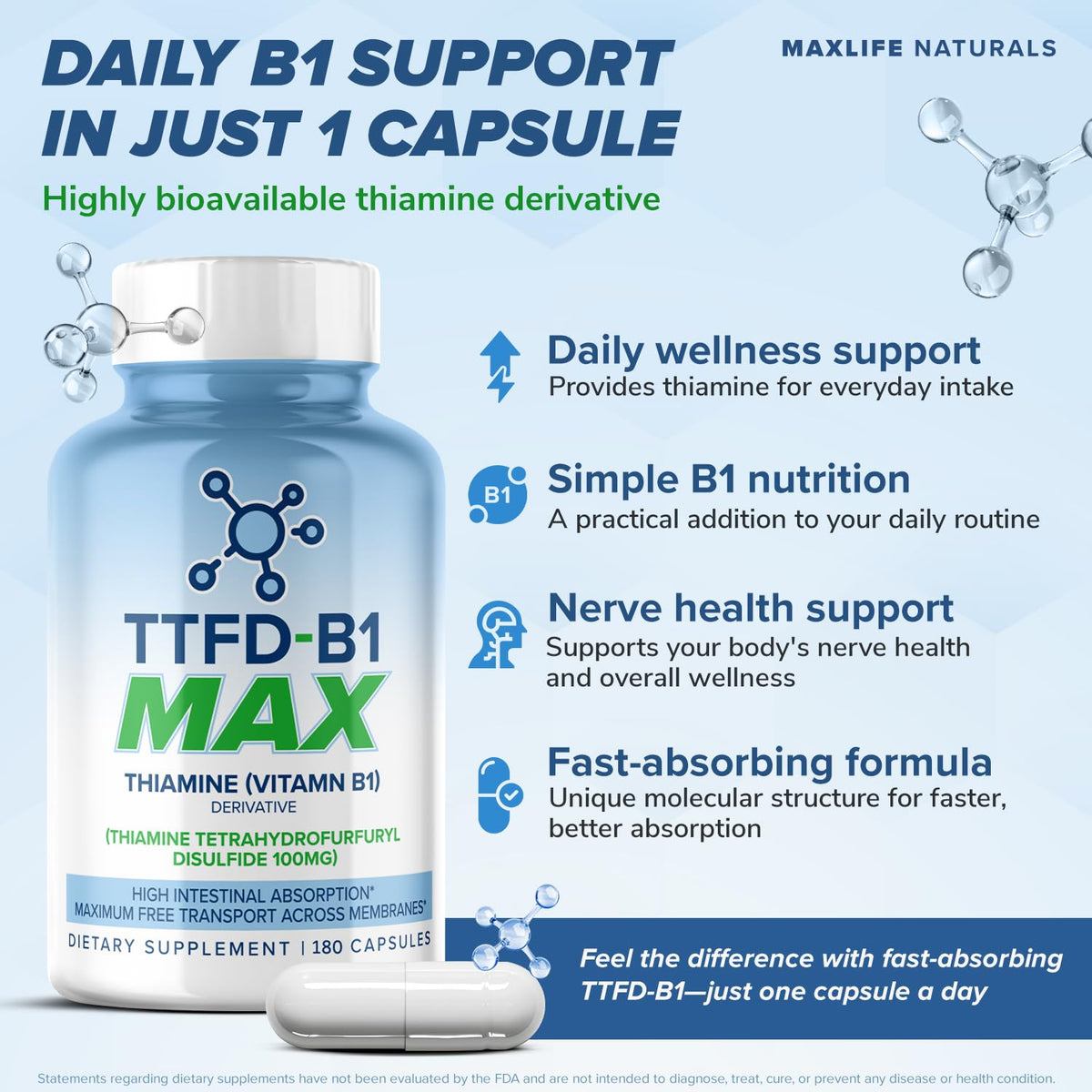 Bouteille de MAXLIFE NATURALS TTFD B1 100 mg 60 Capsules vue de côté