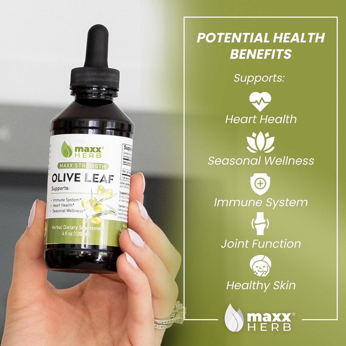 Bouteille de Maxx Herb Extrait de Feuille d'Olivier sur fond blanc