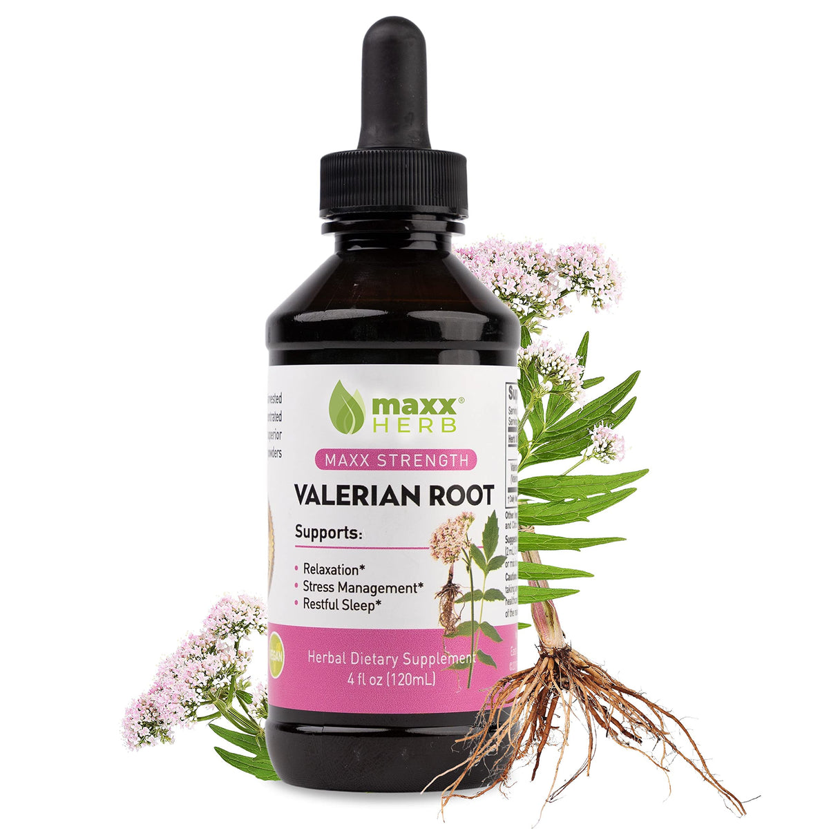 Bouteille de Maxx Herb Extrait Liquide de Racine de Valériane 120 ml vue de face