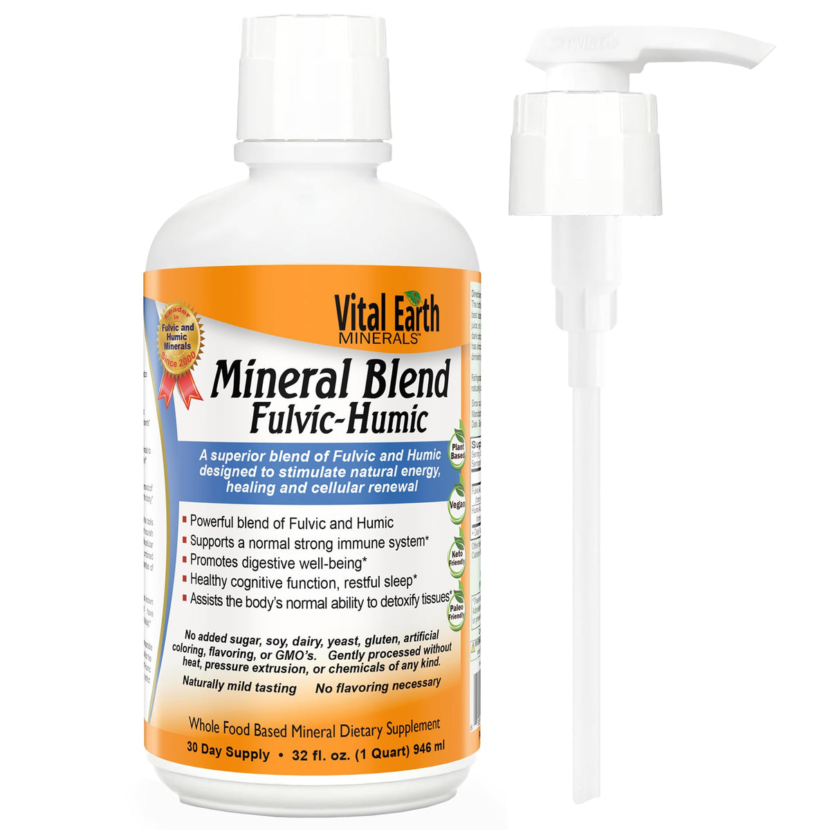 Bouteille de mélange minéral Fulvic Humic 32 Oz vue avant avec pompe