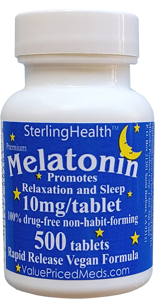 Bouteille de mélatonine SterlingHealth 10mg 500 comprimés