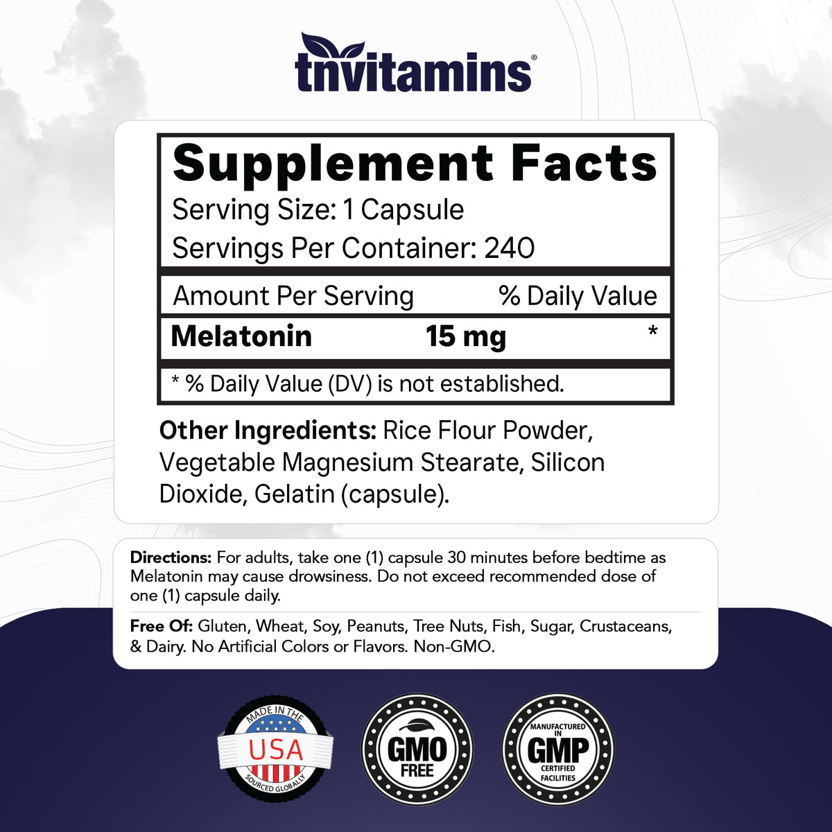 Bouteille de mélatonine tnvitamins vue de face avec étiquette