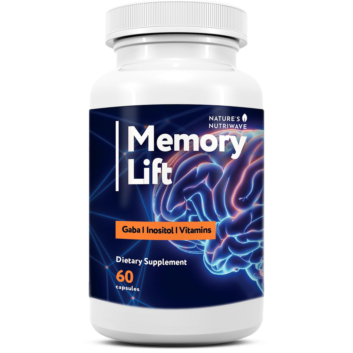 Bouteille de Memory Lift Nature’s NutriWave vue de face avec capsules