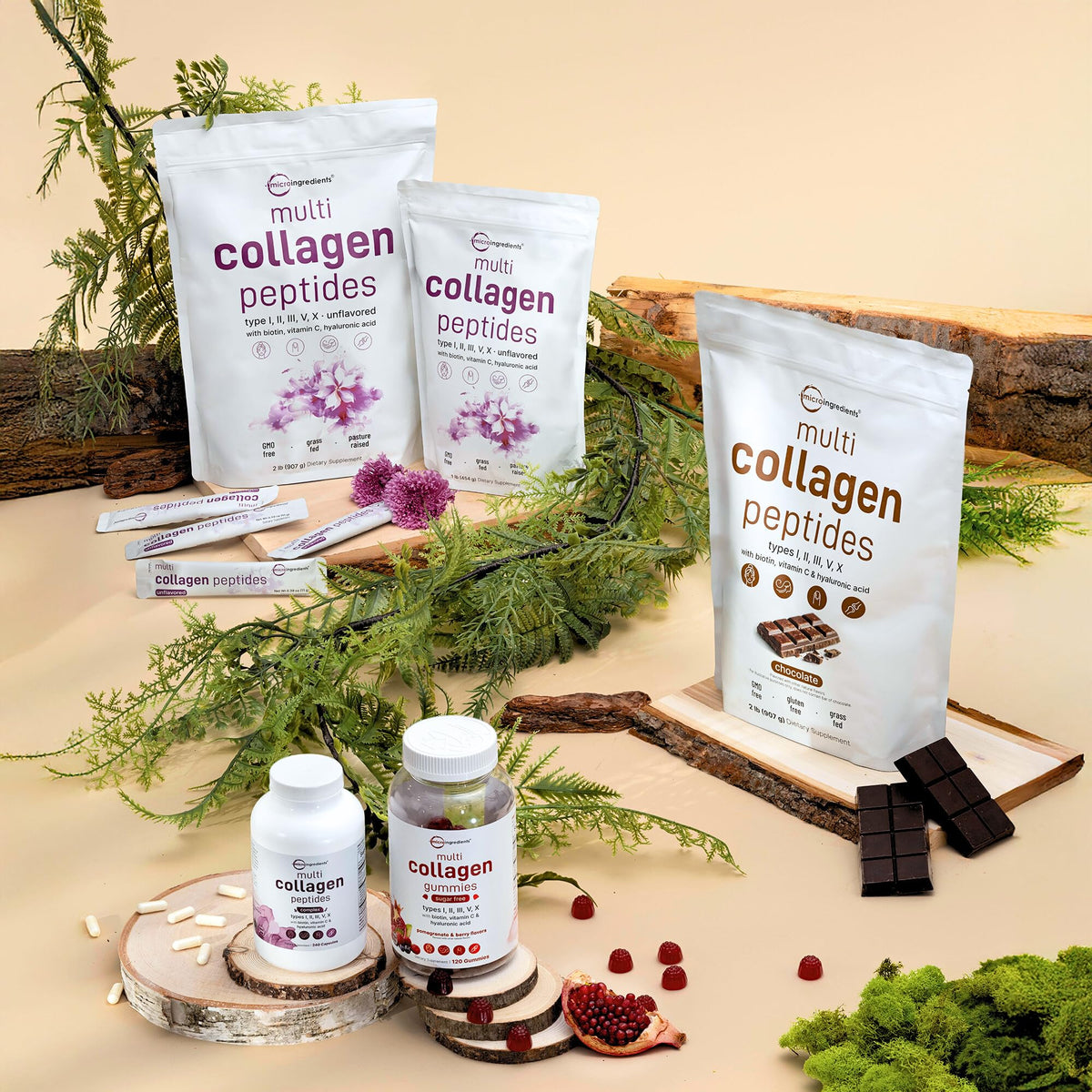 Bouteille de Micro Ingredients Multi Collagène ouverte avec capsules visibles