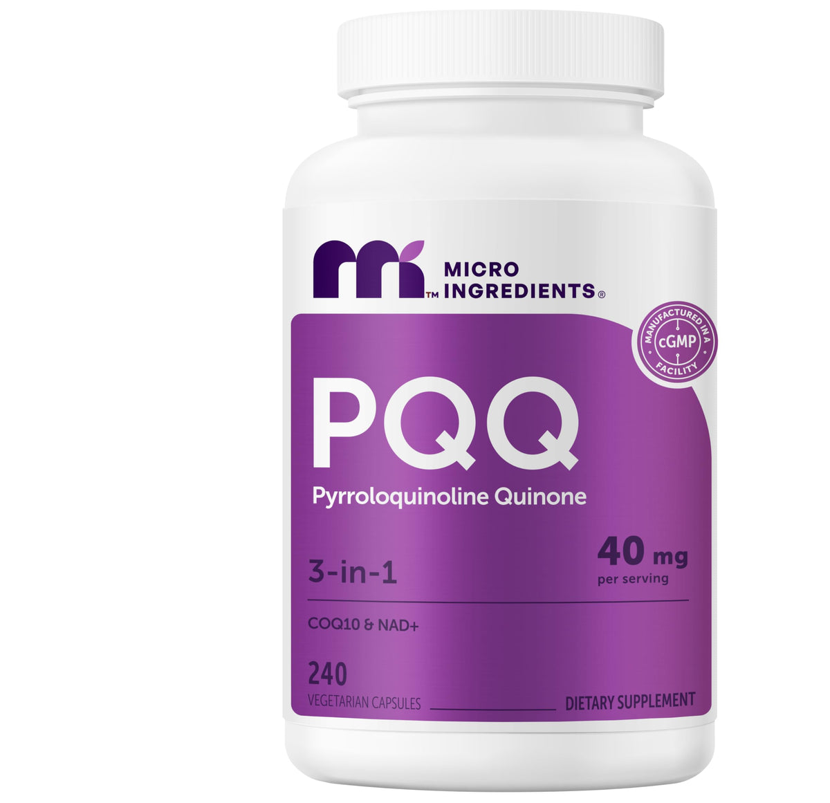 Bouteille de Micro Ingredients PQQ 40 mg avec 240 capsules végétariennes
