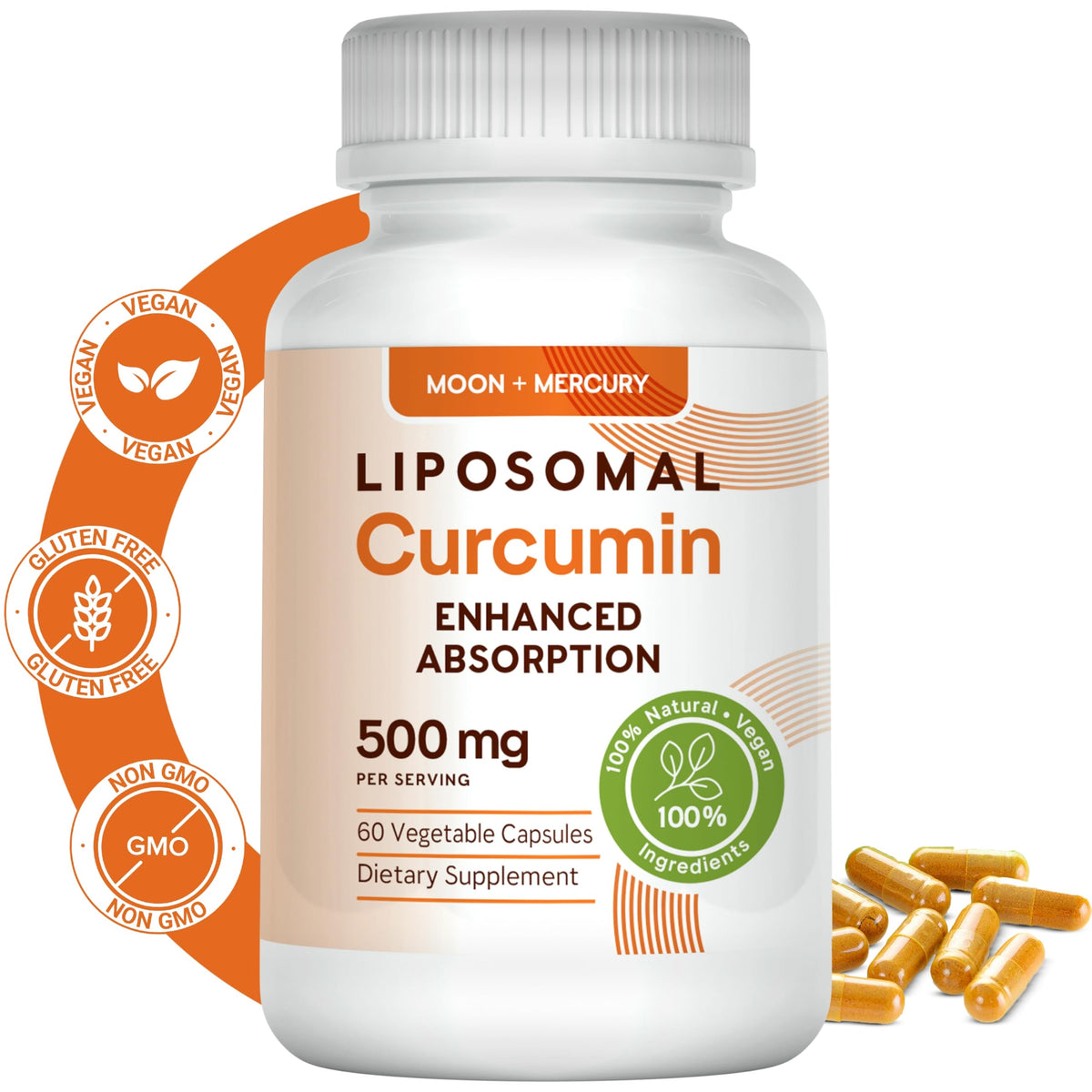 Bouteille de Moon + Mercury Curcuma Liposomal 500mg avec capsules