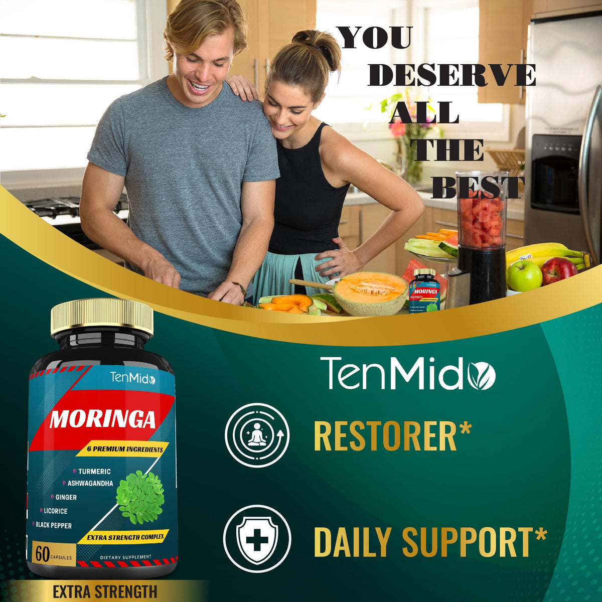 Bouteille de Moringa Tenmido avec vue d'ensemble des capsules
