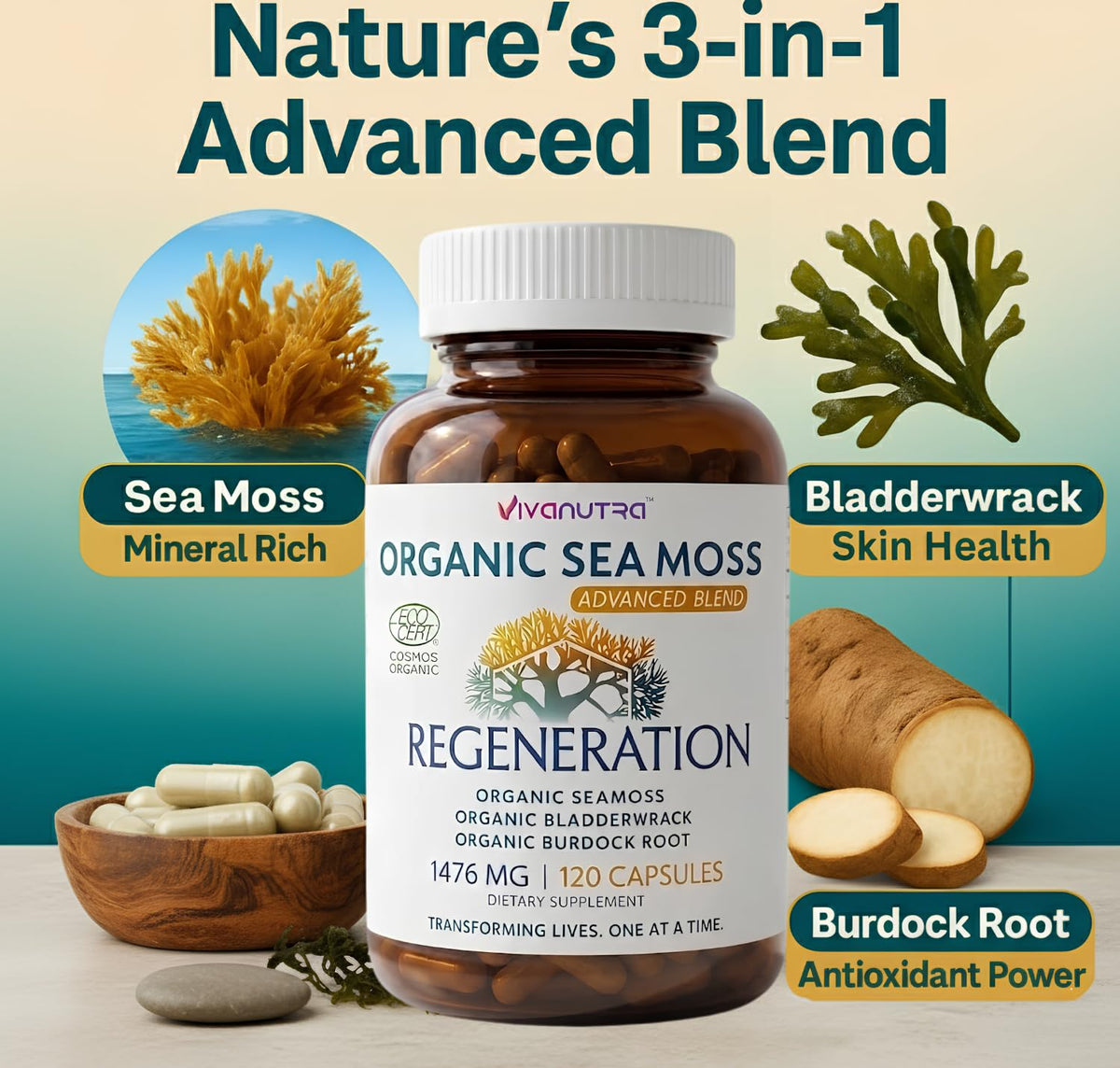 Bouteille de mousse de mer bio VIVANUTRA sur une table en bois