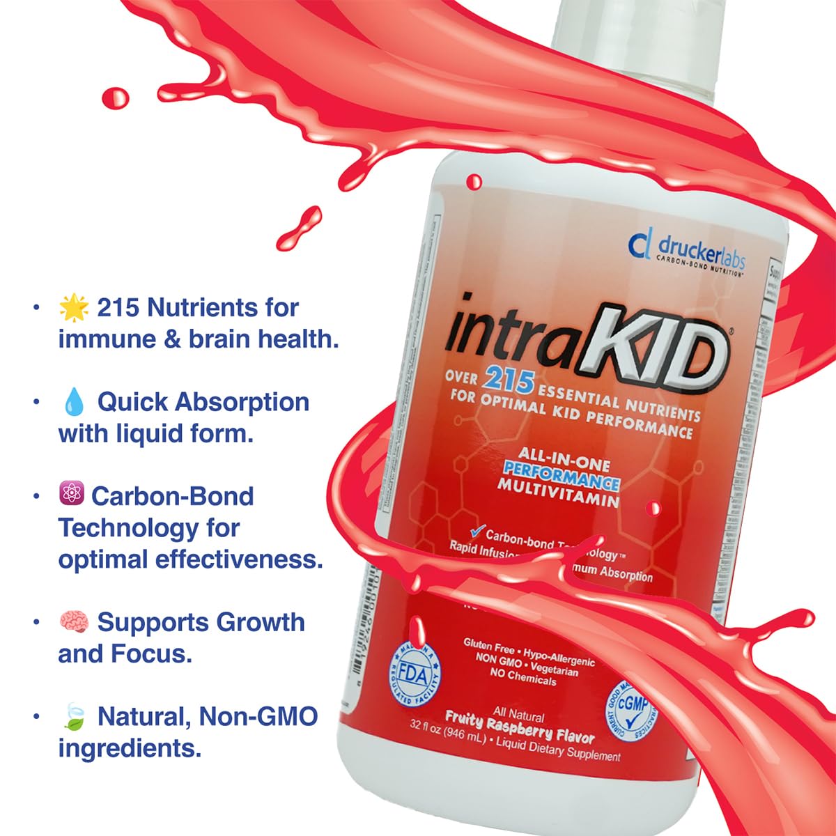 Bouteille de multivitamine intraKID en arrière-plan avec des fruits