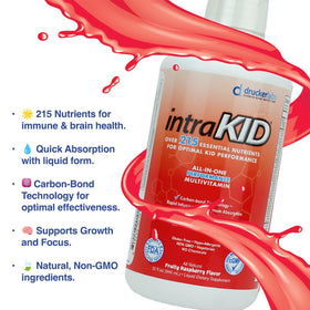 Bouteille de multivitamine intraKID en arrière-plan avec des fruits