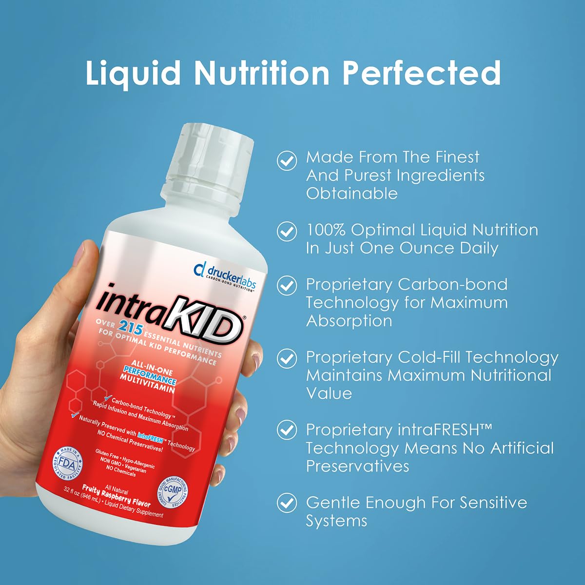 Bouteille de multivitamine intraKID sur une table avec un verre