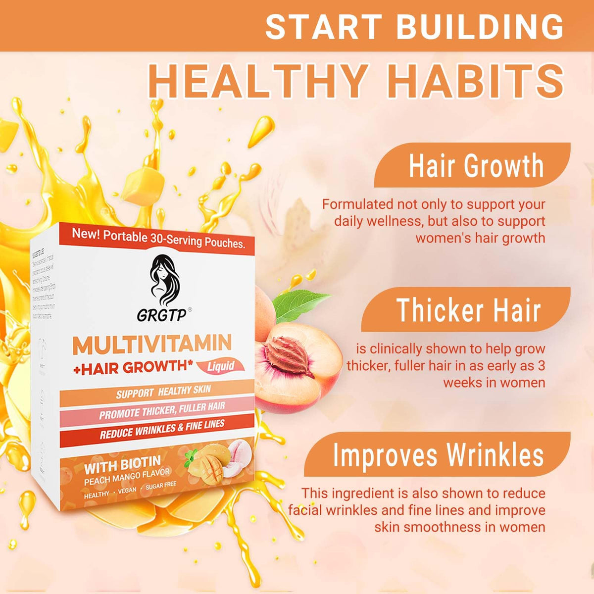 Bouteille de multivitamines liquides GRGTP sur une table avec fruits