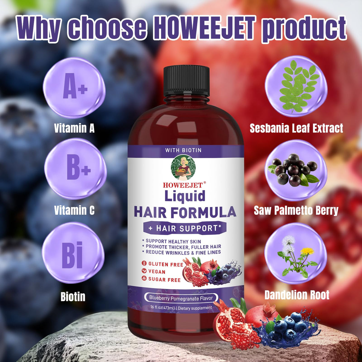 Bouteille de multivitamines liquides HOWEEJET avec son bouchon ouvert