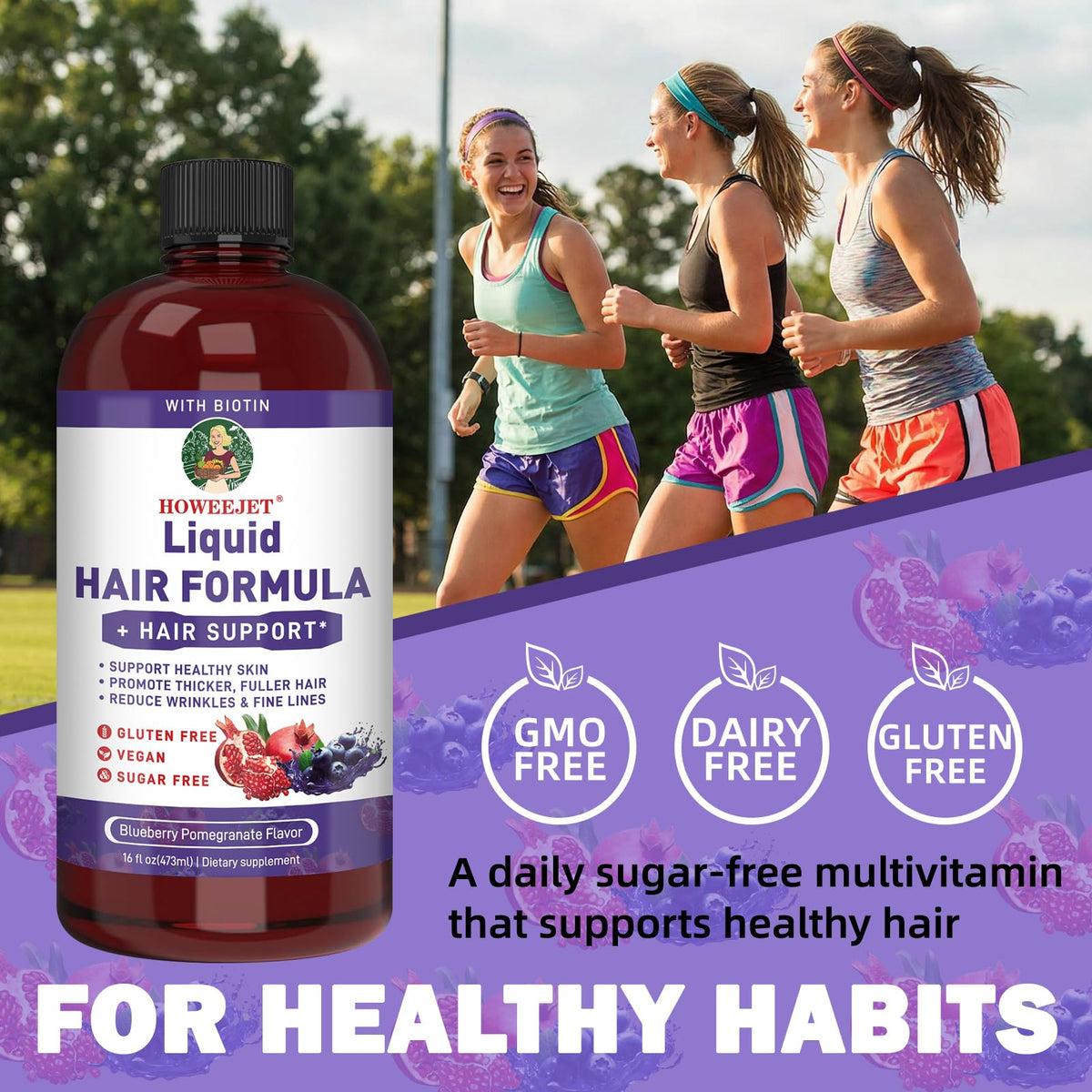 Bouteille de multivitamines liquides HOWEEJET sur une table avec des fruits