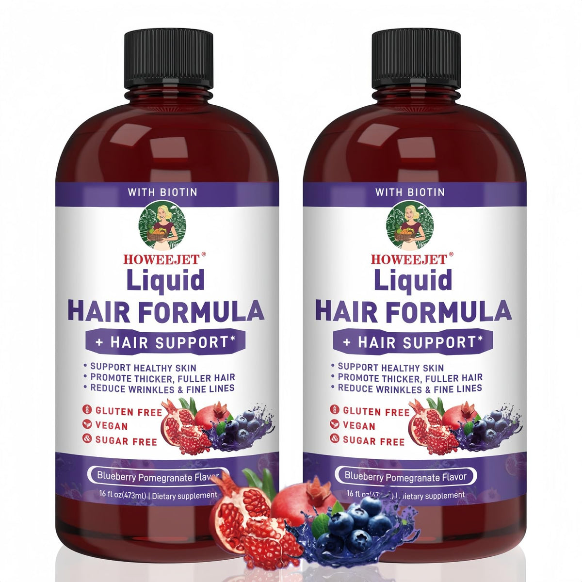 Bouteille de multivitamines liquides HOWEEJET vue de face, saveur myrtille grenade