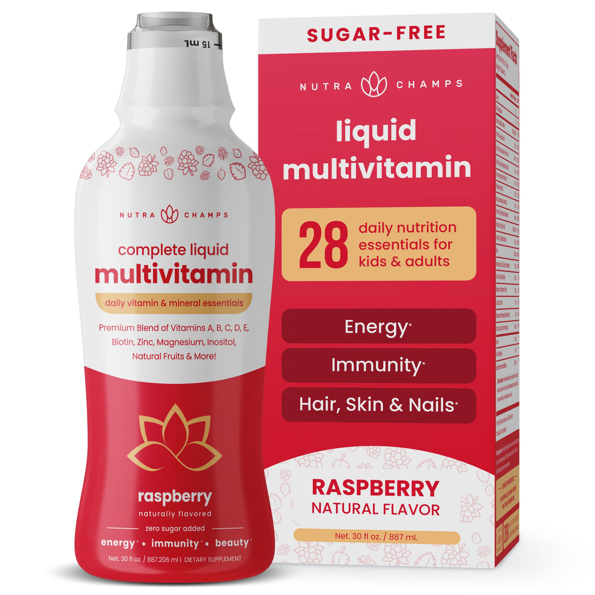 Bouteille de multivitamines liquides NutraChamps vue de face