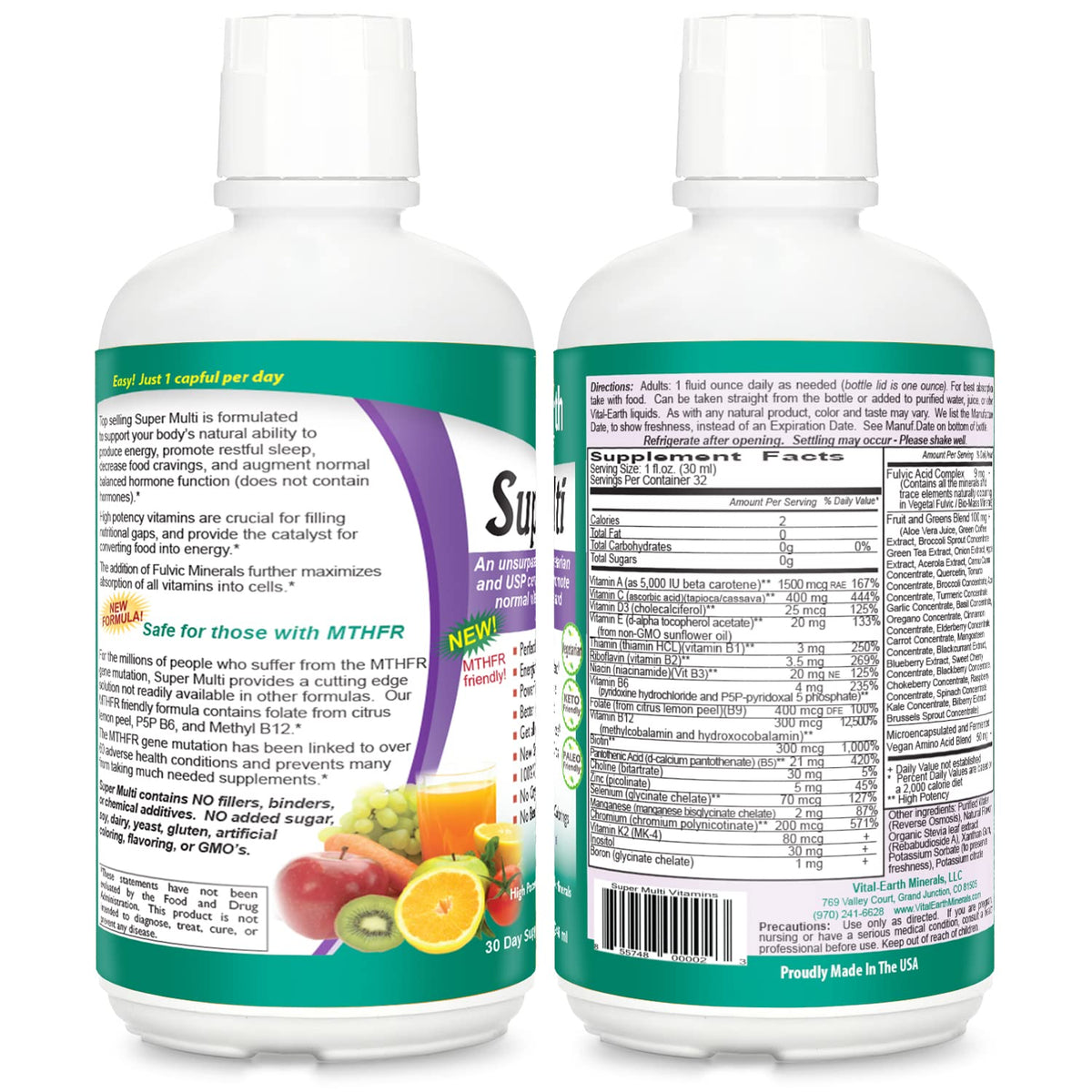 Bouteille de multivitamines liquides Vital Earth Minerals avec gobelet