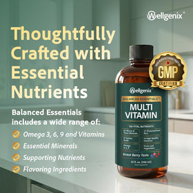 Bouteille de Multivitamines Liquides Wellgenix avec des fruits