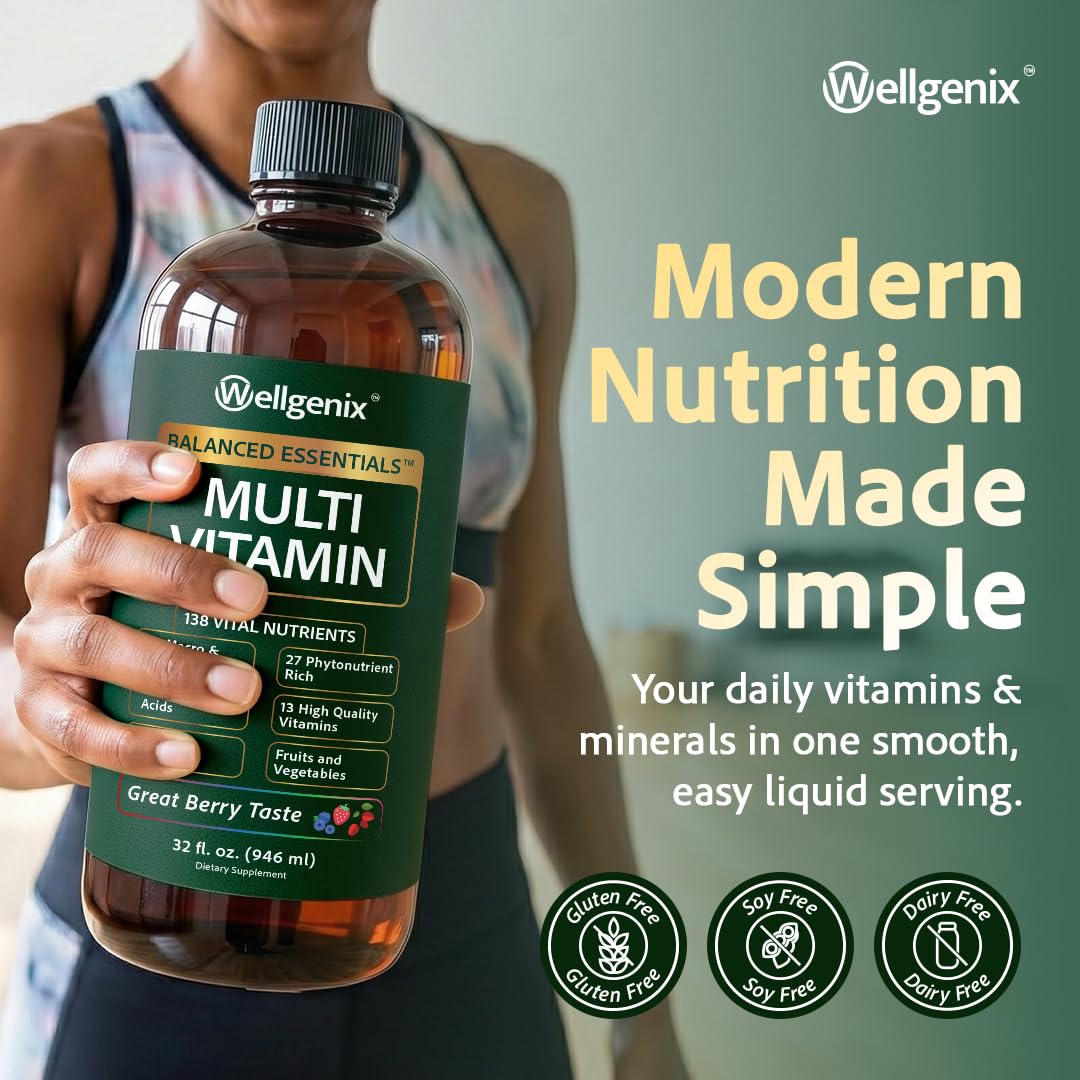 Bouteille de Multivitamines Liquides Wellgenix avec un verre de mélange