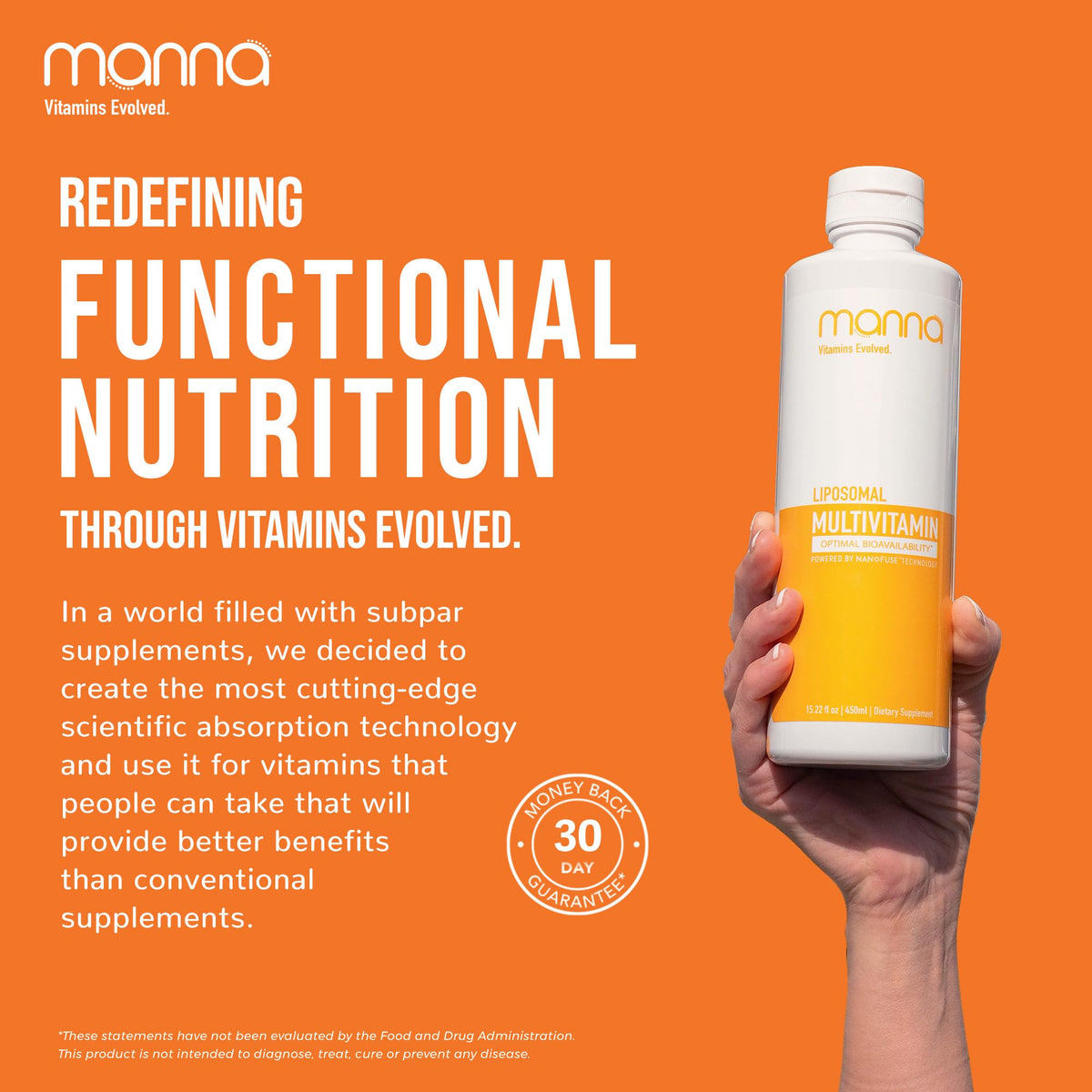 Bouteille de multivitamines Manna sur fond blanc