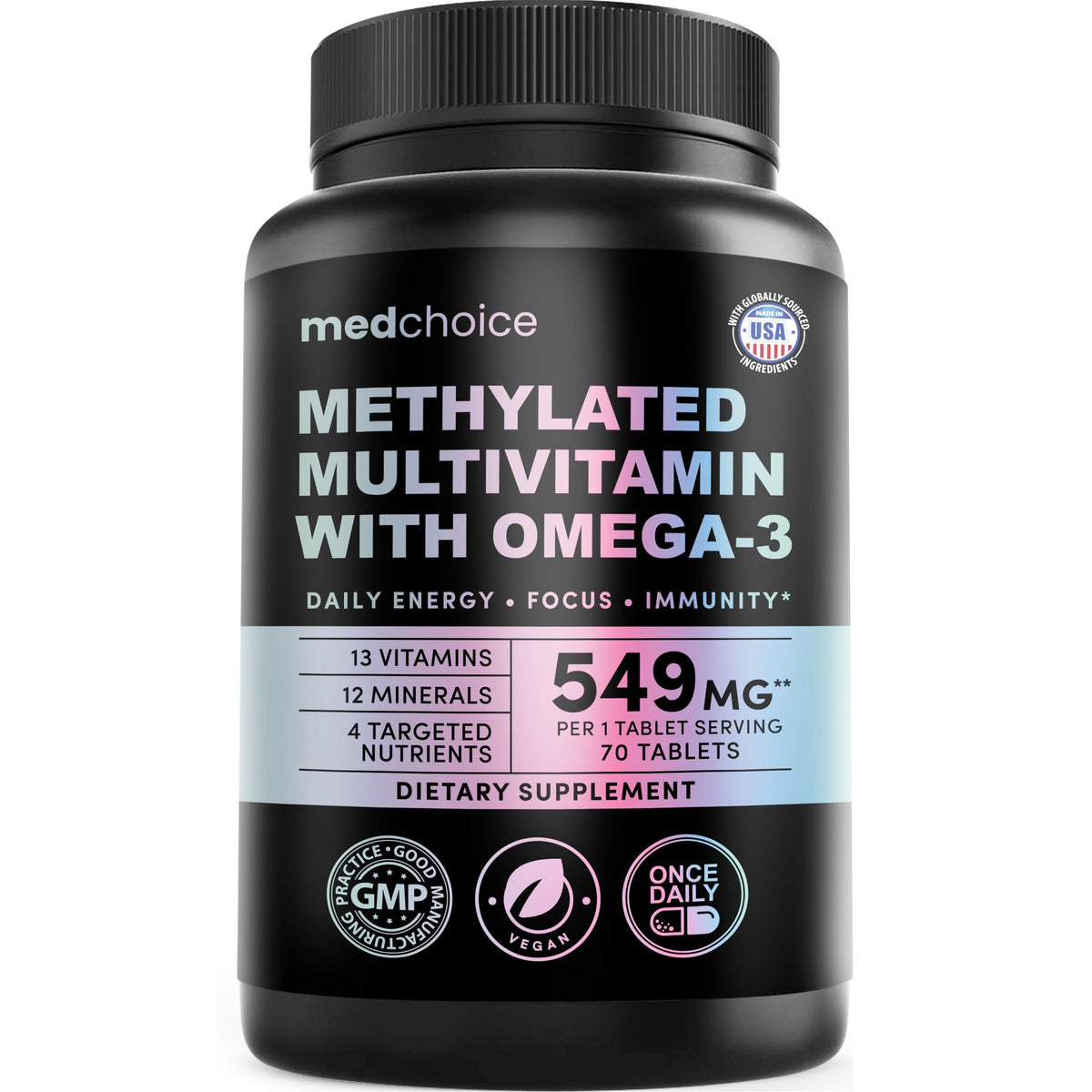 Bouteille de multivitamines MEDCHOICE 29 en 1 vue de face