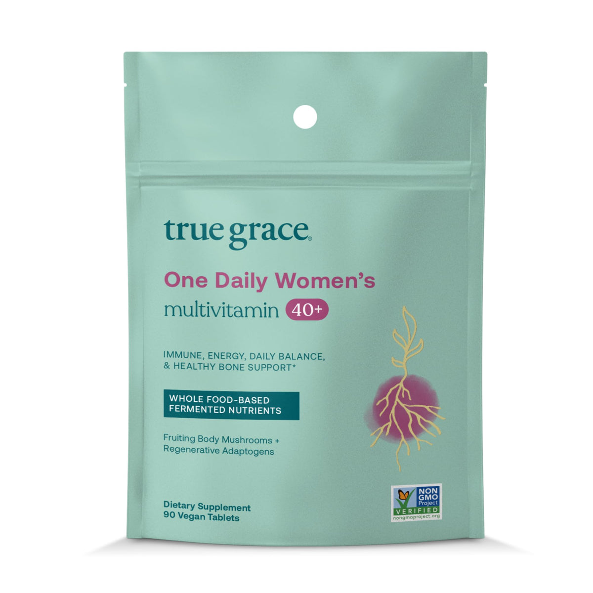 Bouteille de multivitamines True Grace pour femmes 40+, 90 comprimés végétaliens