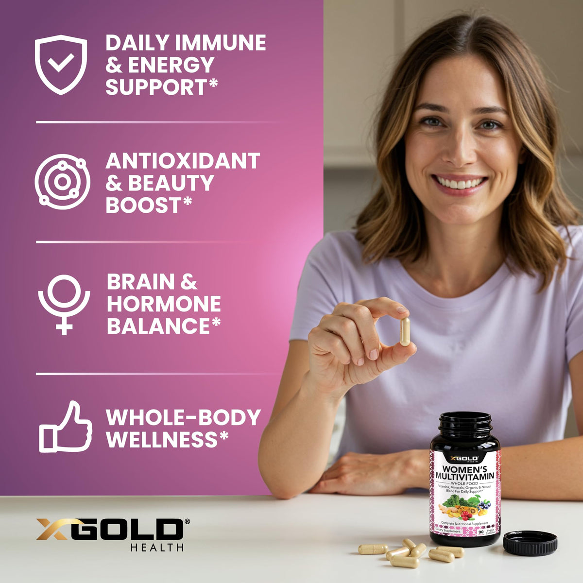 Bouteille de multivitamines X Gold Health avec capsules