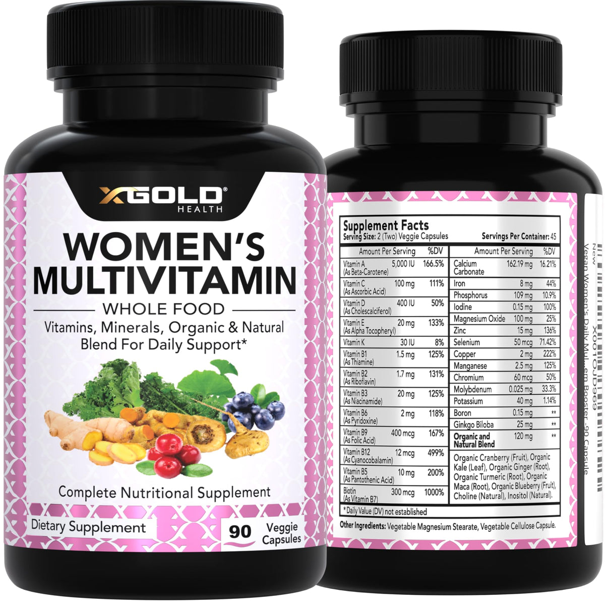 Bouteille de multivitamines X Gold Health avec étiquette biologique