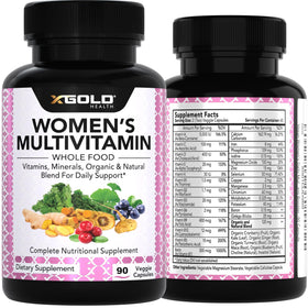 Bouteille de multivitamines X Gold Health avec étiquette biologique