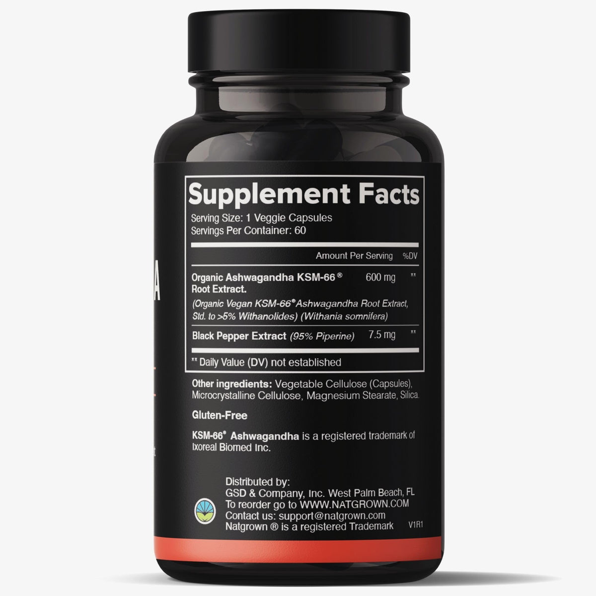 Bouteille de Natgrown Ashwagandha KSM-66 600 mg avec étiquette