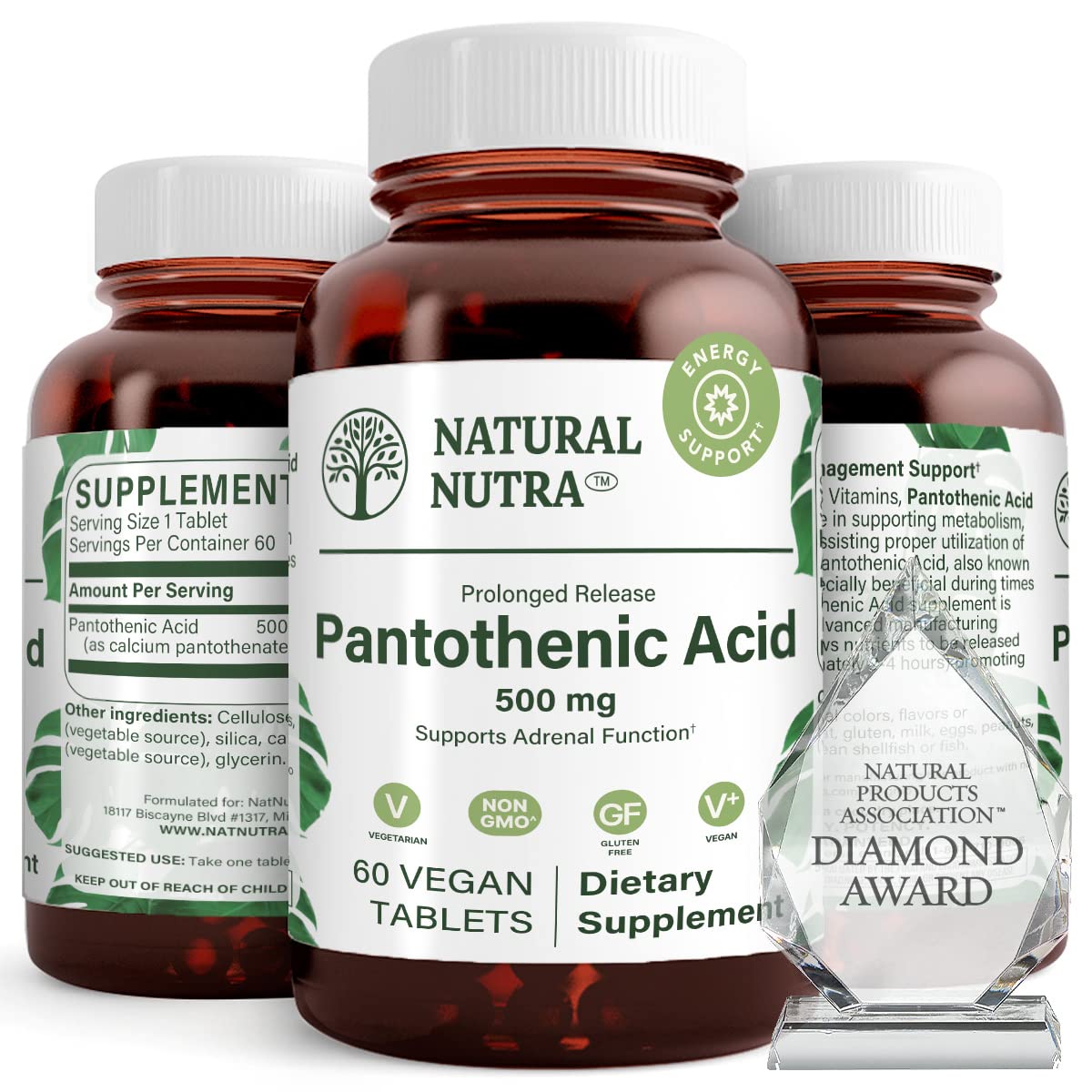 Bouteille de Natural Nutra Acide Pantothénique 500 mg vue de face
