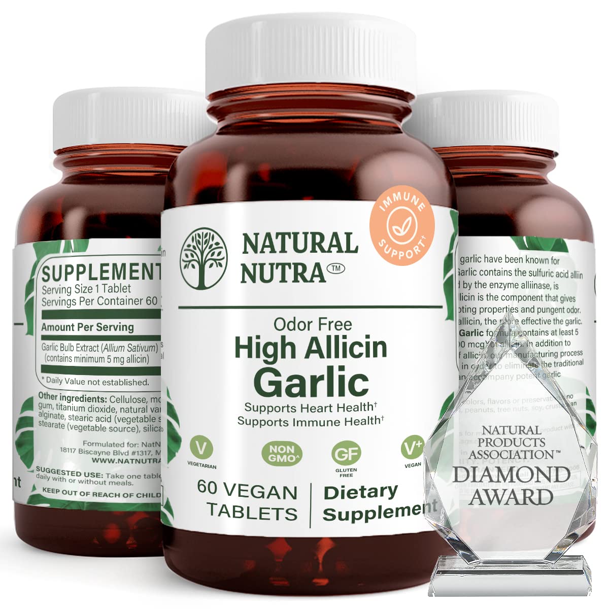 Bouteille de Natural Nutra Ail Allicine 500mg 60 tablettes végétaliennes