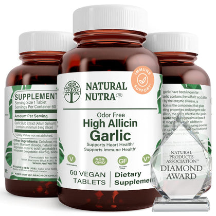 Bouteille de Natural Nutra Ail Allicine 500mg 60 tablettes végétaliennes