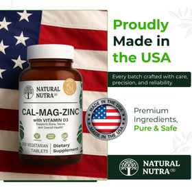 Bouteille de Natural Nutra Calcium Magnésium Zinc D3 ouverte montrant les comprimés