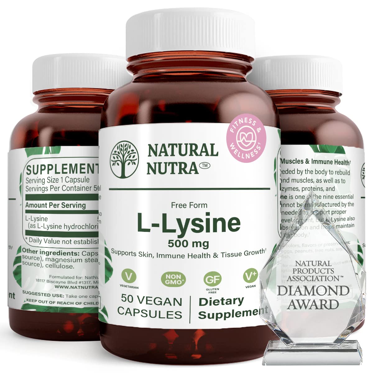 Bouteille de Natural Nutra L-Lysine HCl 500 mg, vue de face