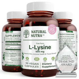 Bouteille de Natural Nutra L-Lysine HCl 500 mg, vue de face