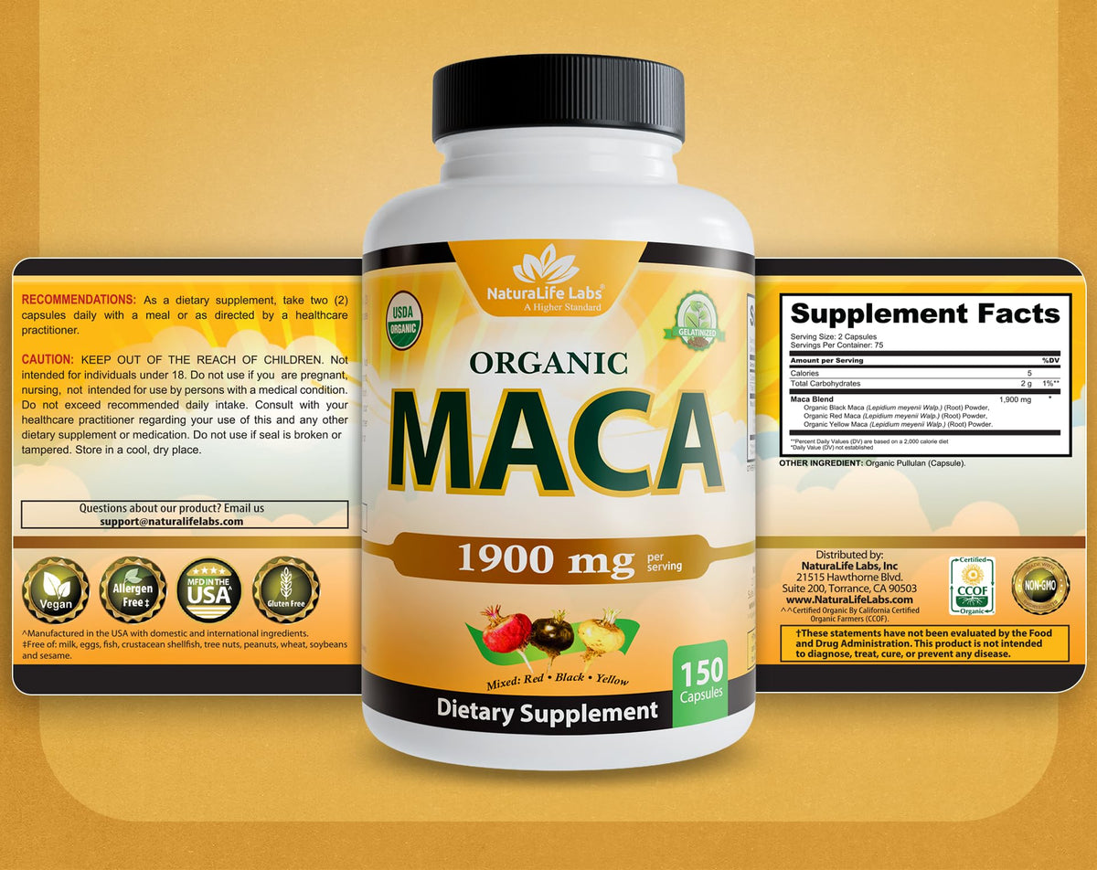 Bouteille de NaturaLife Labs Maca bio dans un environnement naturel