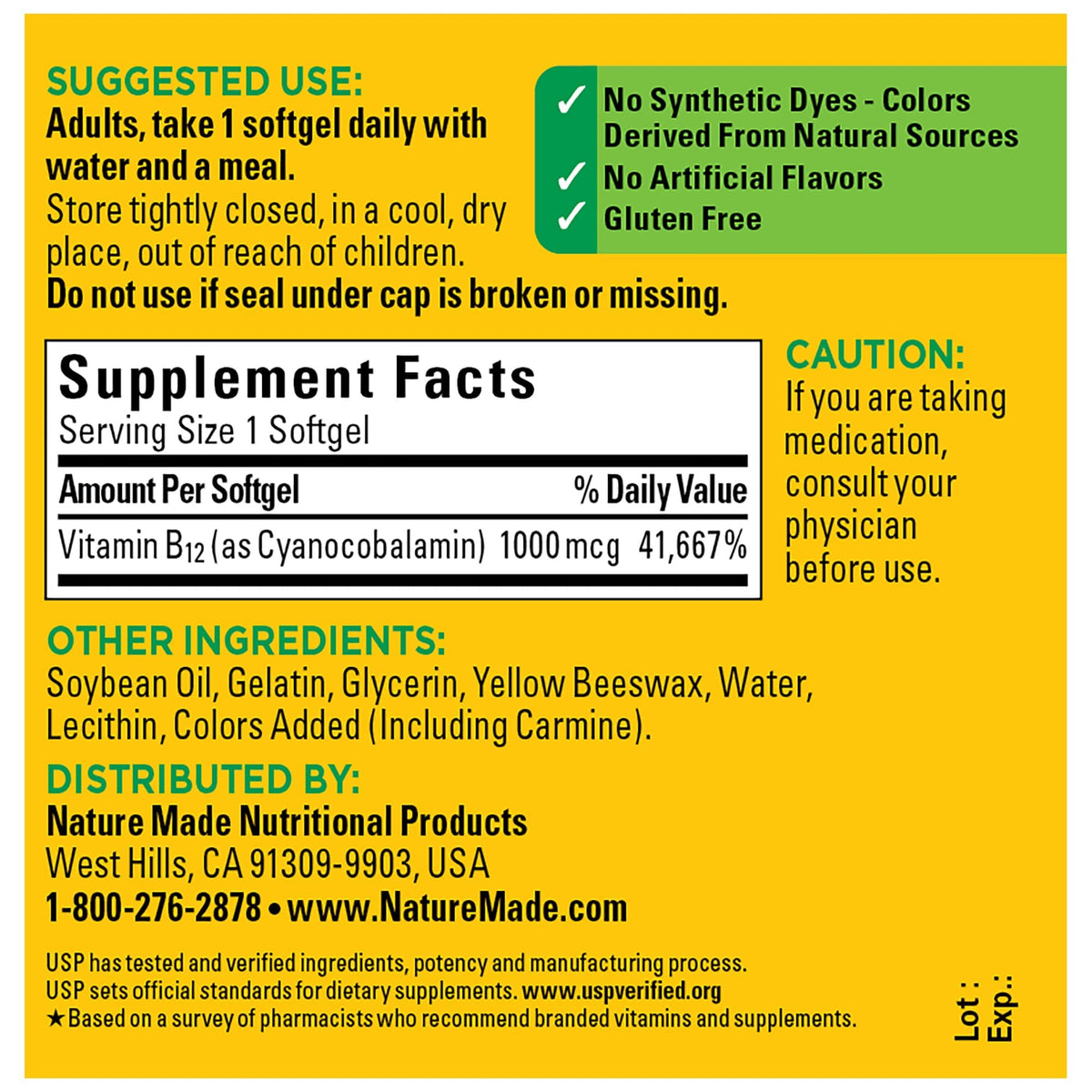 Bouteille de Nature Made Vitamine B12 1000 mcg vue de côté