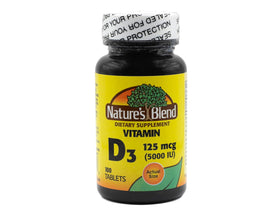 Bouteille de Nature's Blend Vitamine D3 5000 IU 100 comprimés vue de face