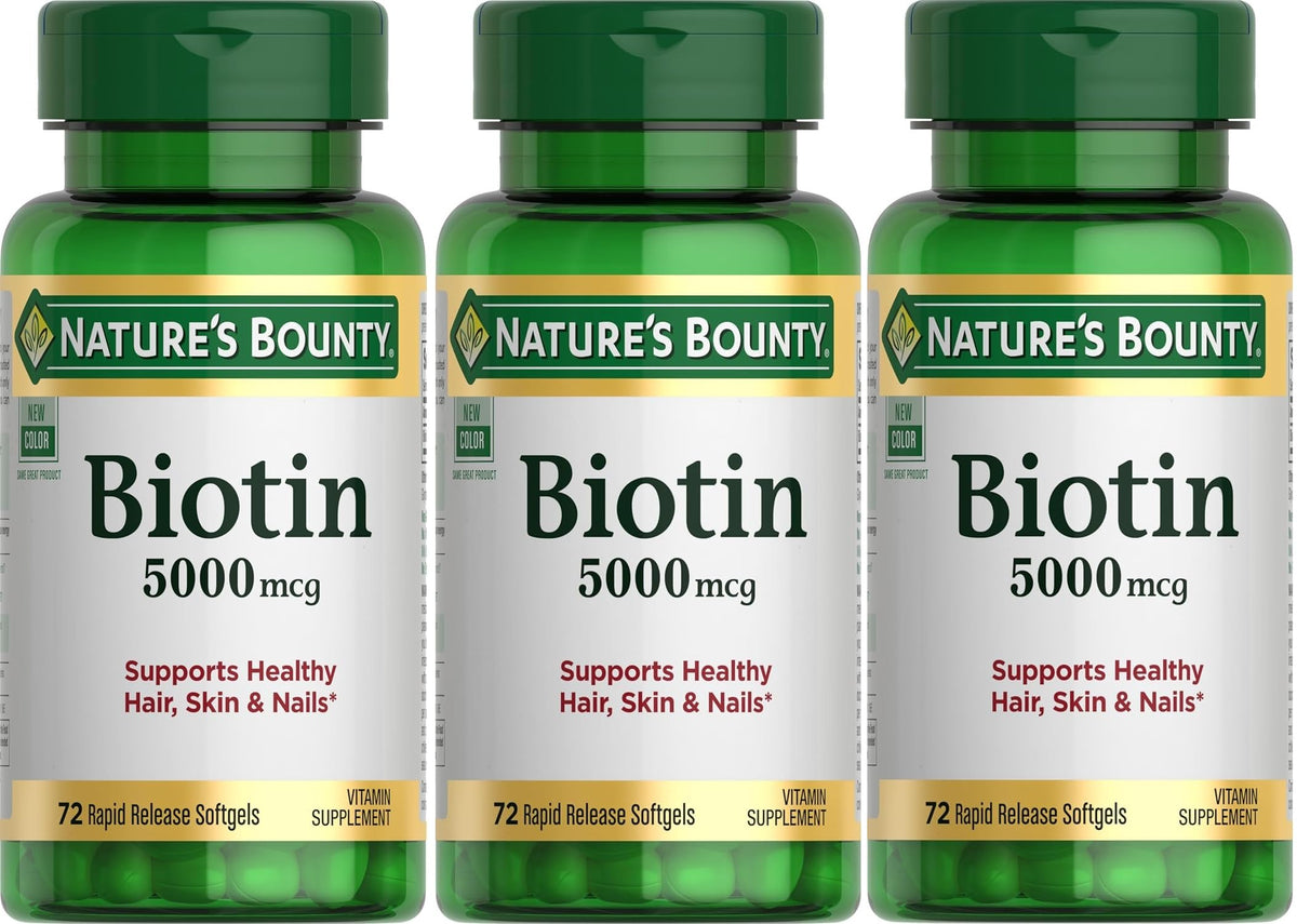 Bouteille de Nature's Bounty Biotine 5000 mcg avec 72 gélules molles