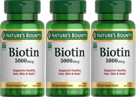 Bouteille de Nature's Bounty Biotine 5000 mcg avec 72 gélules molles