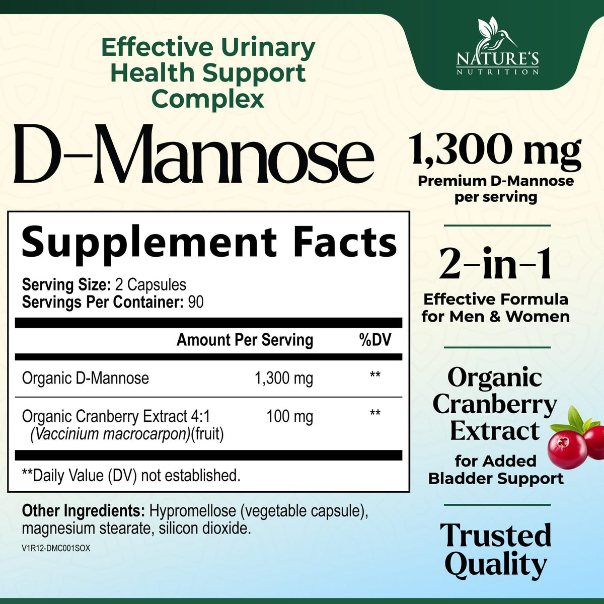 Bouteille de Nature's Nutrition D-Mannose 1300 mg vue de face