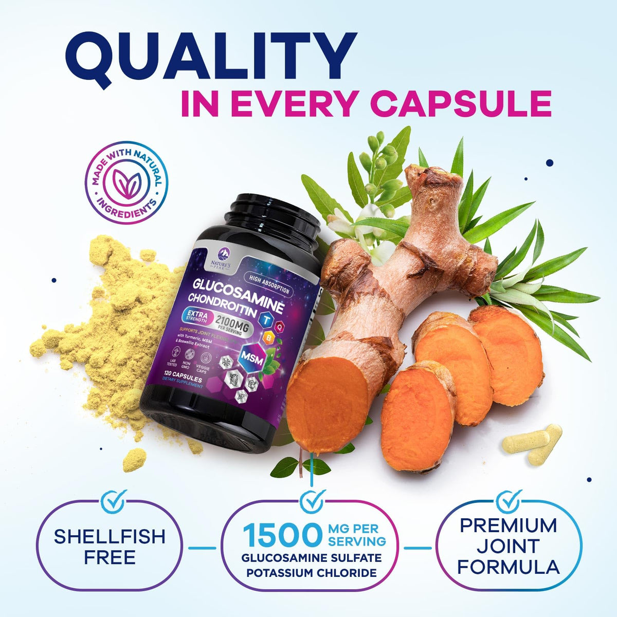 Bouteille de Nature's Peak avec étiquette visible et gélules à l'intérieur