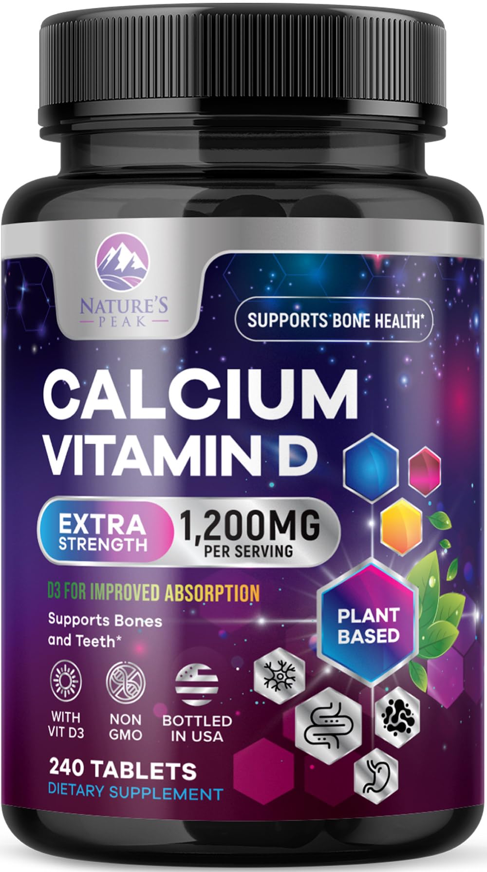 Bouteille de Nature's Peak Calcium 1200 mg avec Vitamine D3, 240 comprimés