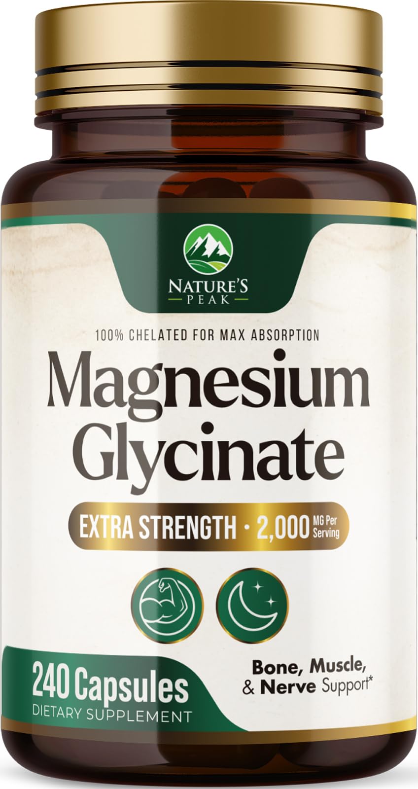 Bouteille de Nature's Peak Magnésium Glycinate 2000mg 240 capsules vue de face