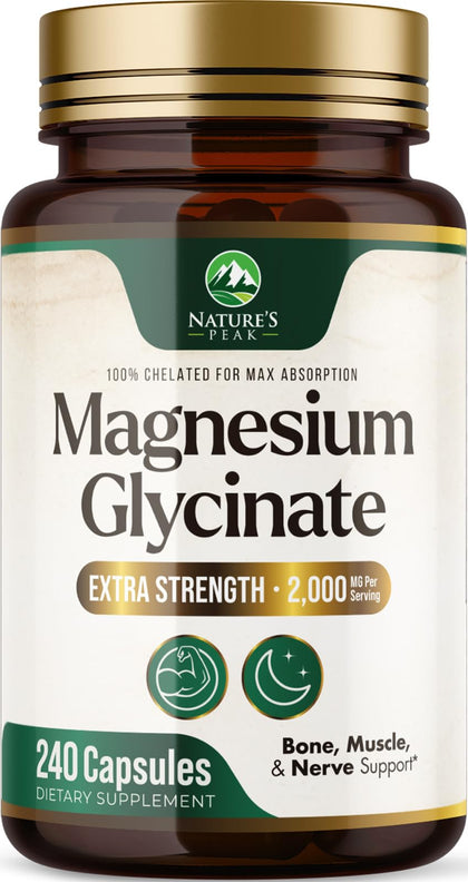 Bouteille de Nature's Peak Magnésium Glycinate 2000mg 240 capsules vue de face